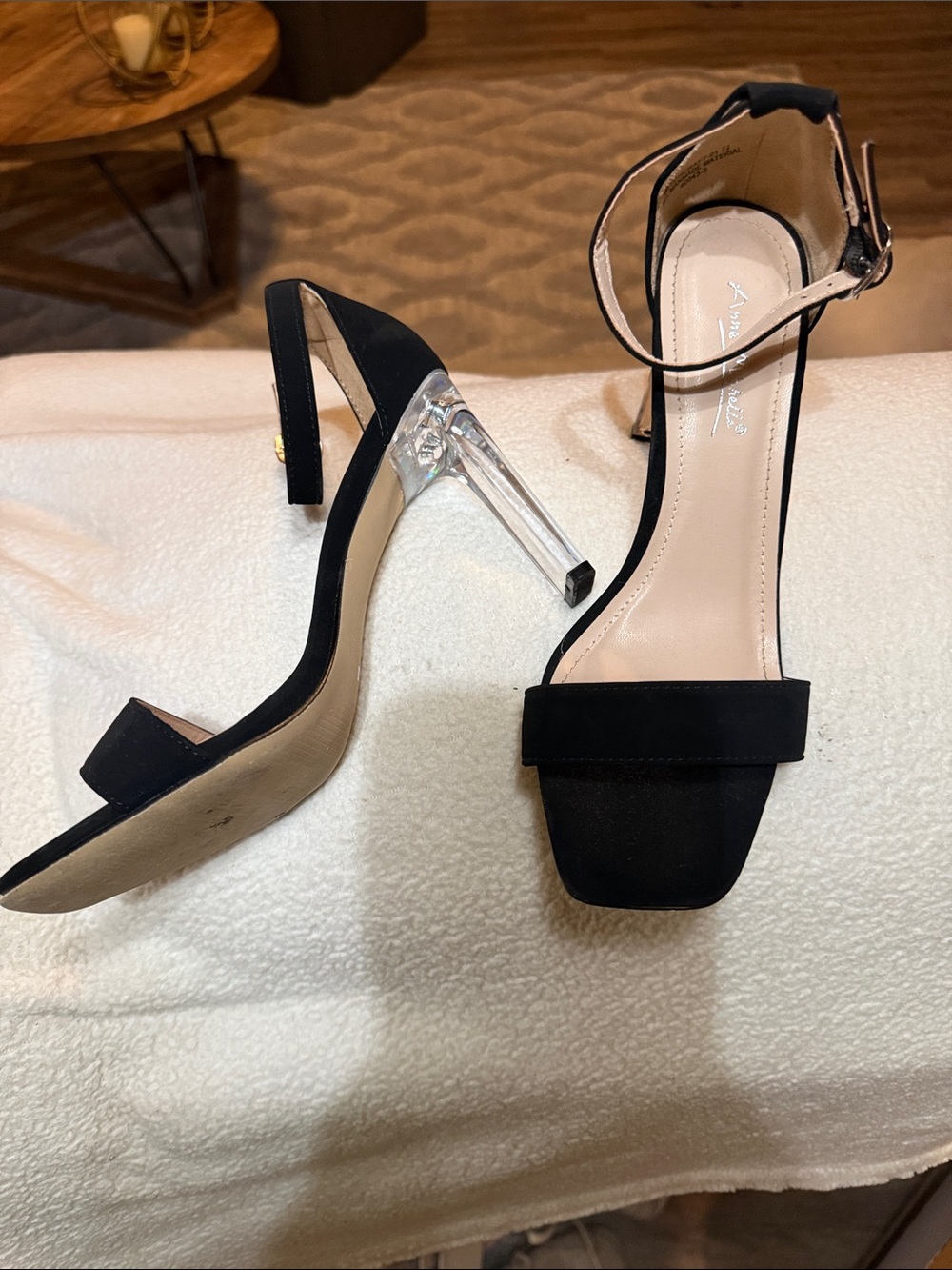Anne Michelle Black Suede Clear-Lucite Heel Ankle Strap Sandals